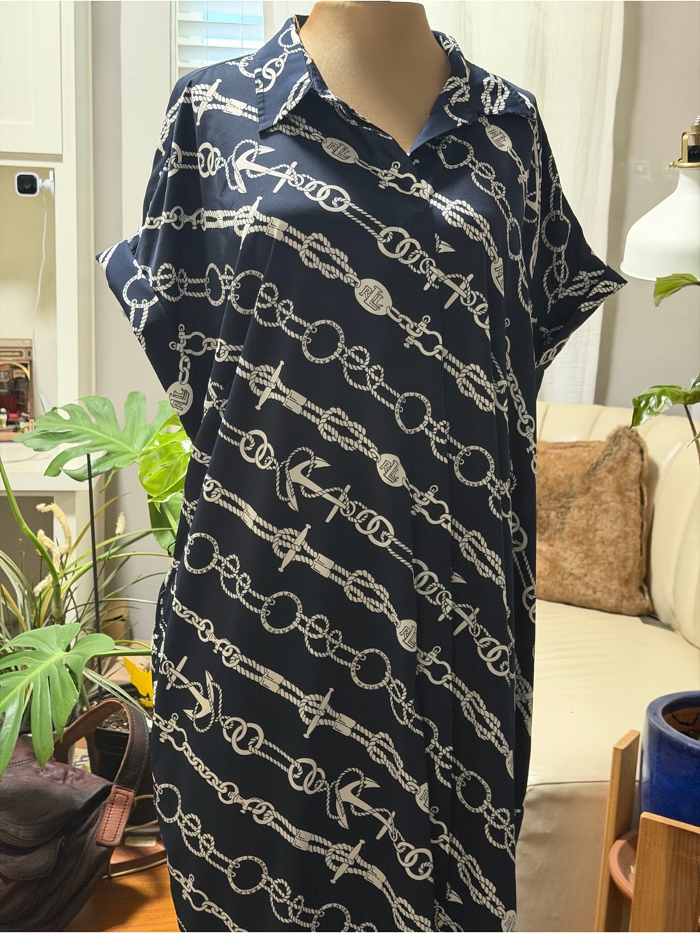 Ralph Lauren Navy Chain-Print Midi Shirt Dress with Brown Belt - Picture 3 of 13